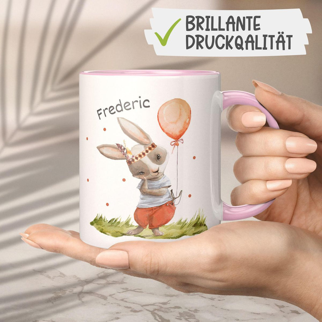 Keramik Tasse Süßer Hase Boho mit Luftballon mit Wunschname - von Mikalino