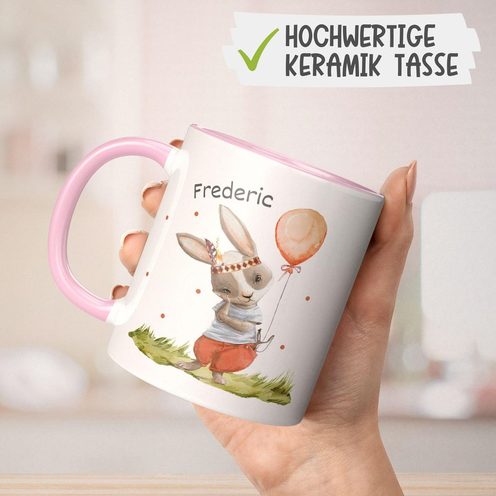 Keramik Tasse Süßer Hase Boho mit Luftballon mit Wunschname - von Mikalino