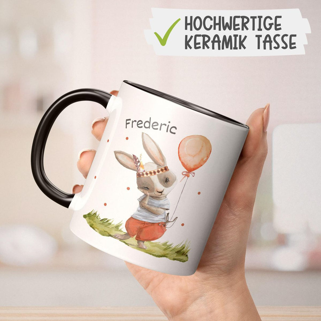 Keramik Tasse Süßer Hase Boho mit Luftballon mit Wunschname - von Mikalino