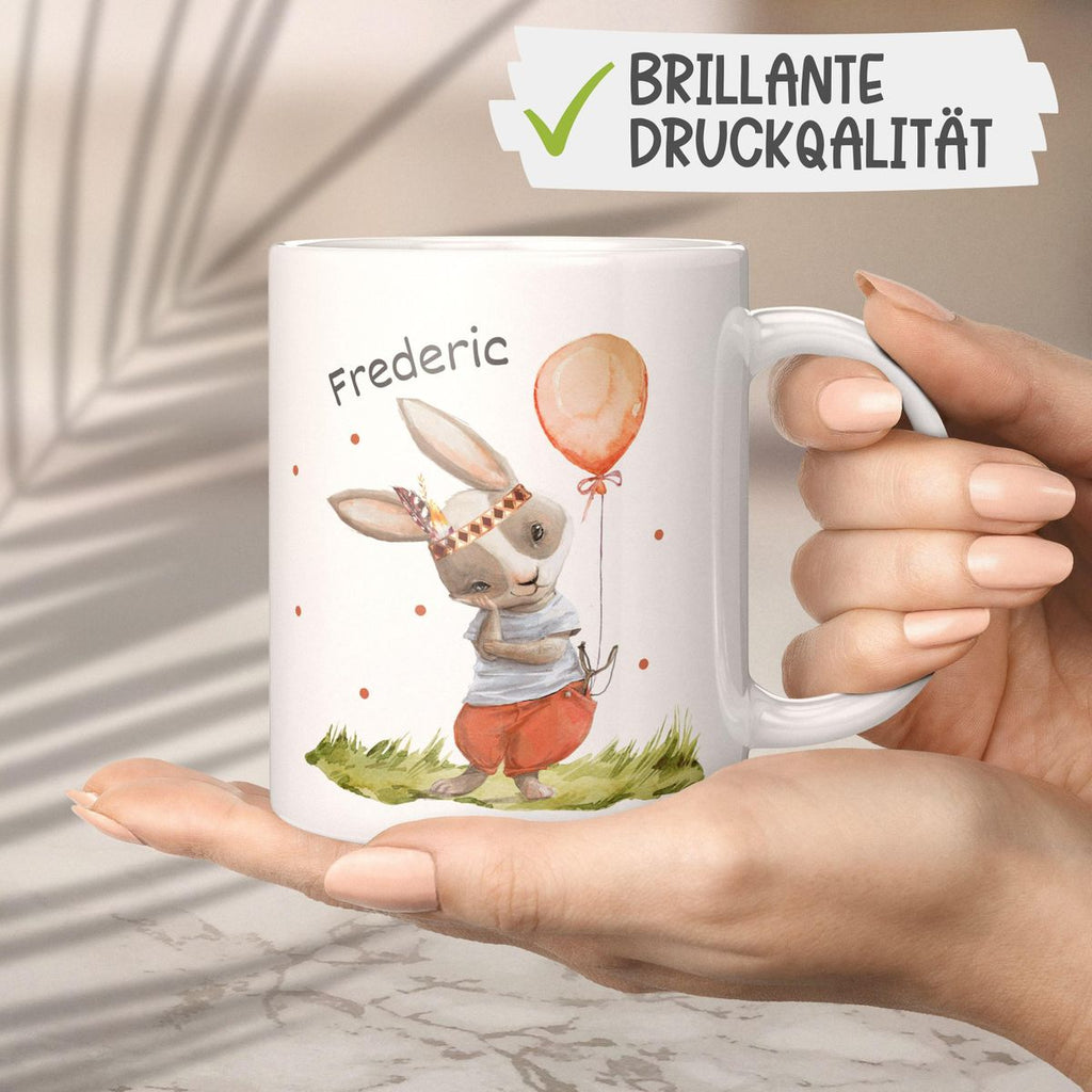 Keramik Tasse Süßer Hase Boho mit Luftballon mit Wunschname - von Mikalino