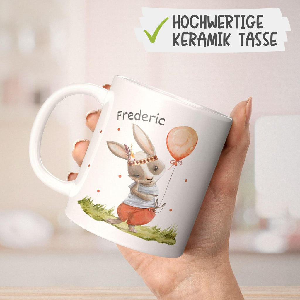 Keramik Tasse Süßer Hase Boho mit Luftballon mit Wunschname - von Mikalino