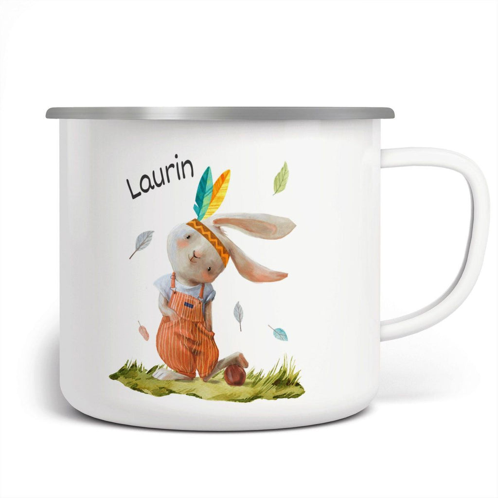 Emaille Tasse Niedlicher Hase in Latzhose Boho mit Wunschname - von Mikalino