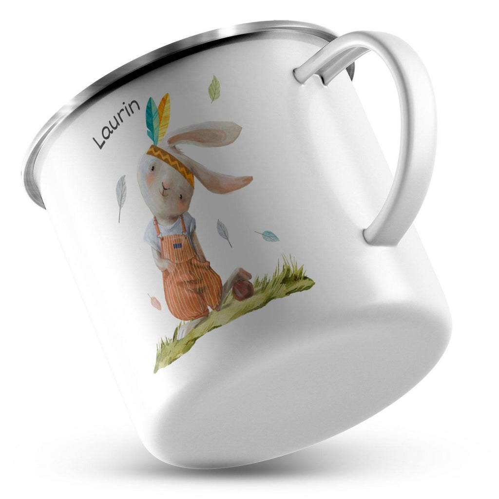 Emaille Tasse Niedlicher Hase in Latzhose Boho mit Wunschname - von Mikalino