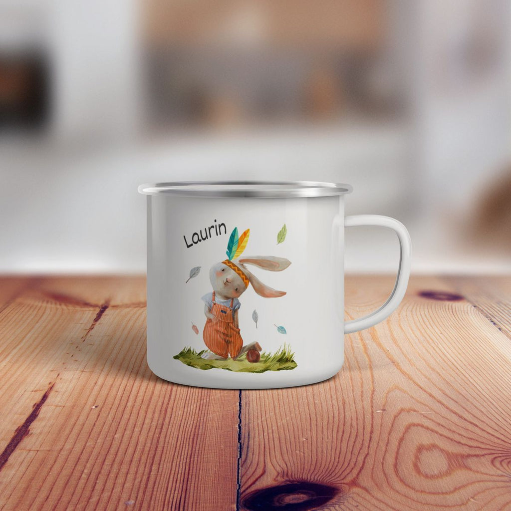 Emaille Tasse Niedlicher Hase in Latzhose Boho mit Wunschname - von Mikalino