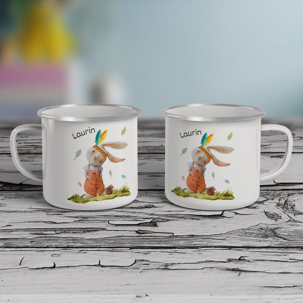 Emaille Tasse Niedlicher Hase in Latzhose Boho mit Wunschname - von Mikalino