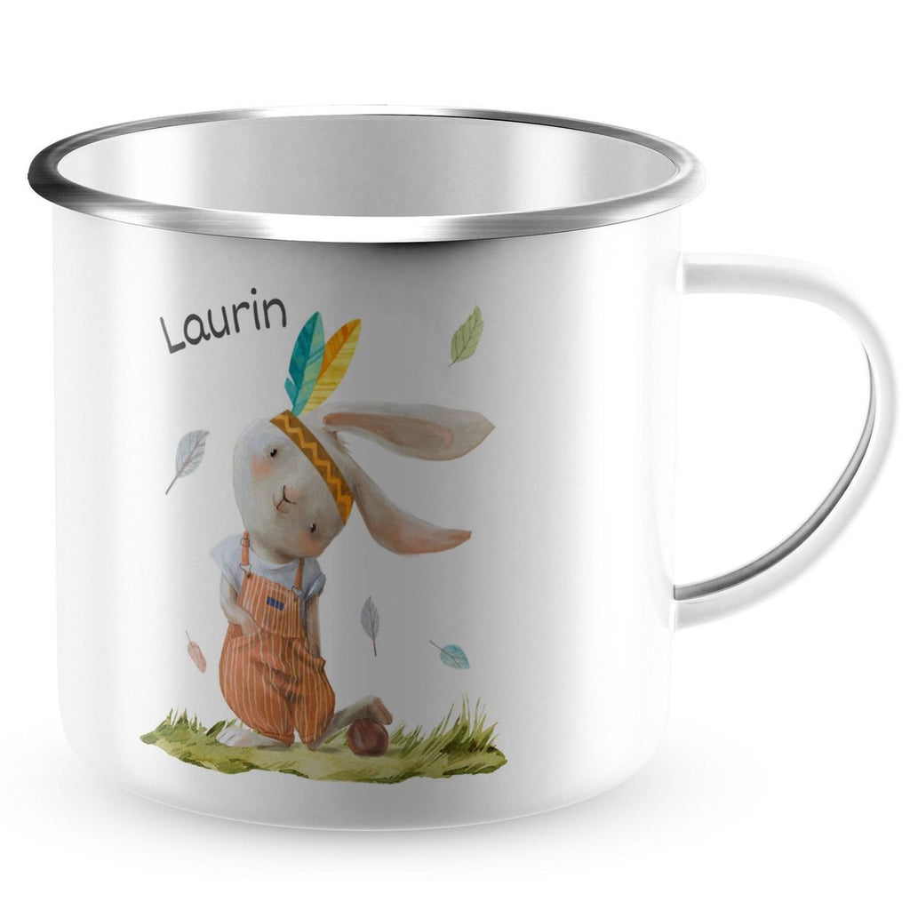 Emaille Tasse Niedlicher Hase in Latzhose Boho mit Wunschname - von Mikalino