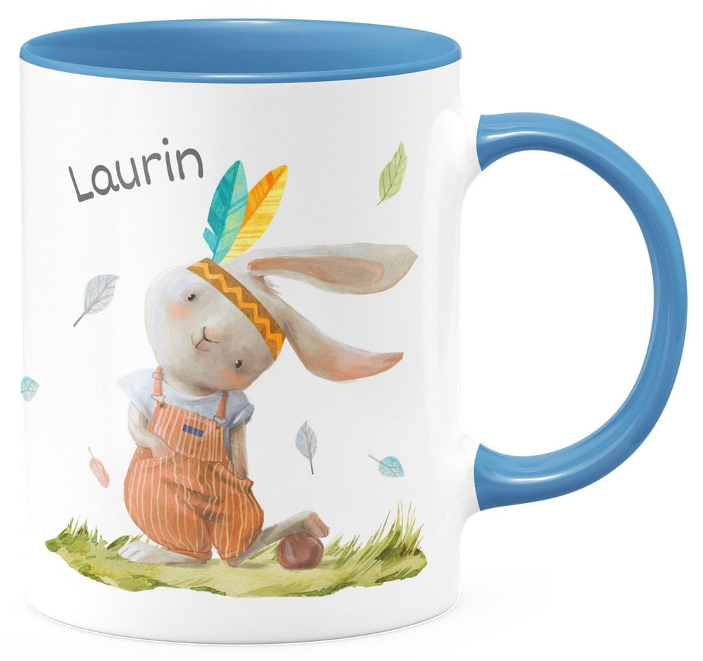 Keramik Tasse Niedlicher Hase in Latzhose Boho mit Wunschname - von Mikalino