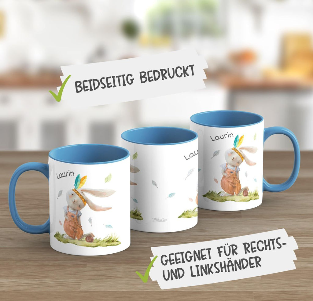 Keramik Tasse Niedlicher Hase in Latzhose Boho mit Wunschname - von Mikalino