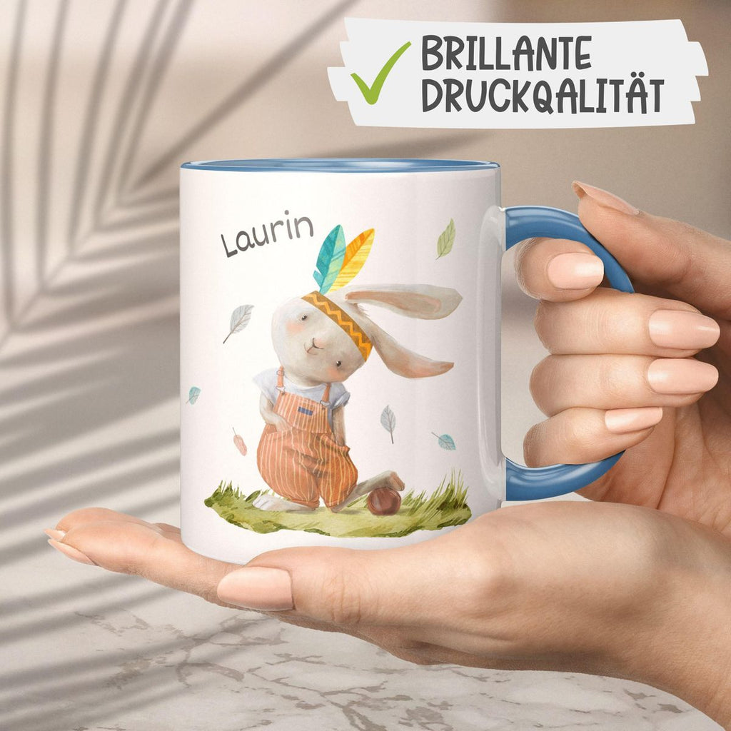 Keramik Tasse Niedlicher Hase in Latzhose Boho mit Wunschname - von Mikalino