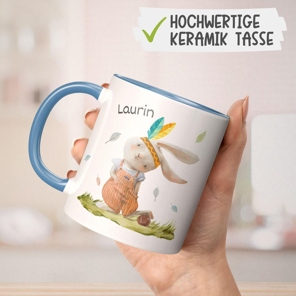 Keramik Tasse Niedlicher Hase in Latzhose Boho mit Wunschname - von Mikalino