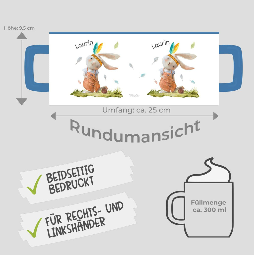 Keramik Tasse Niedlicher Hase in Latzhose Boho mit Wunschname - von Mikalino