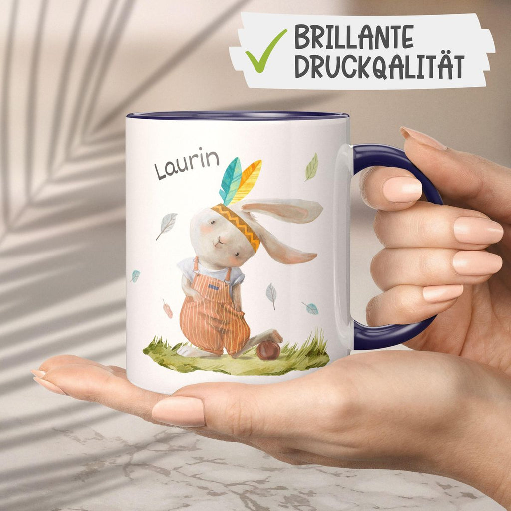 Keramik Tasse Niedlicher Hase in Latzhose Boho mit Wunschname - von Mikalino