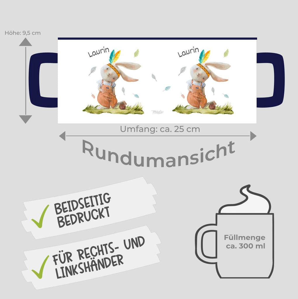 Keramik Tasse Niedlicher Hase in Latzhose Boho mit Wunschname - von Mikalino