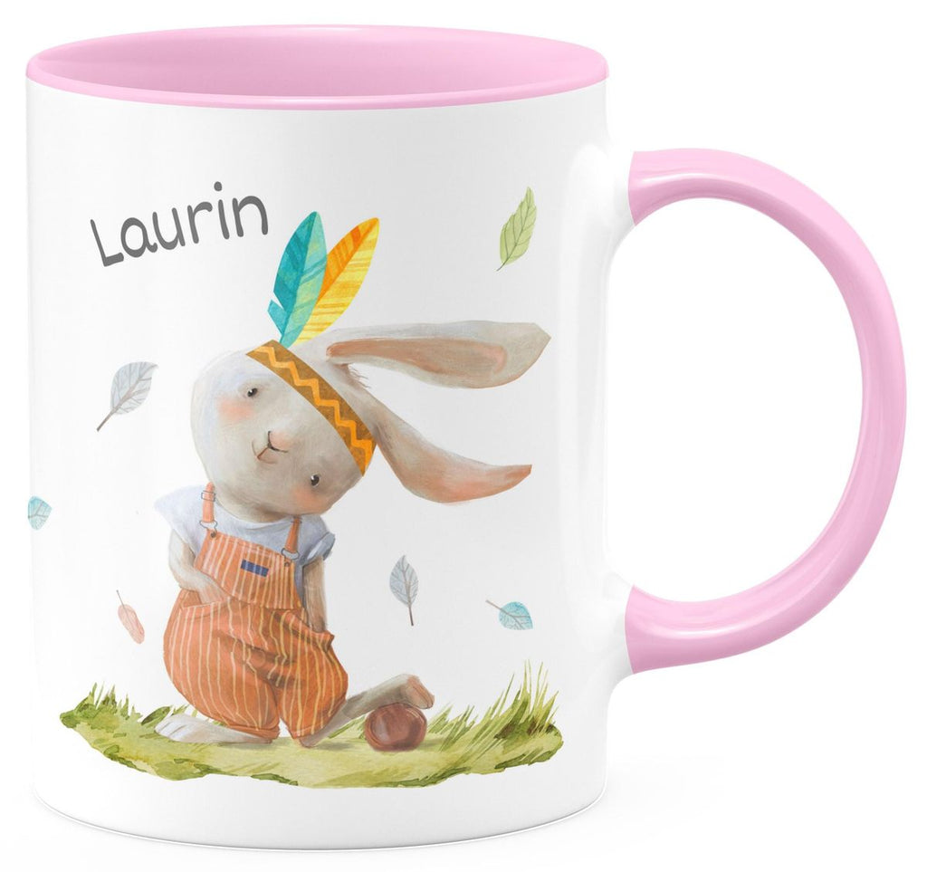 Keramik Tasse Niedlicher Hase in Latzhose Boho mit Wunschname - von Mikalino