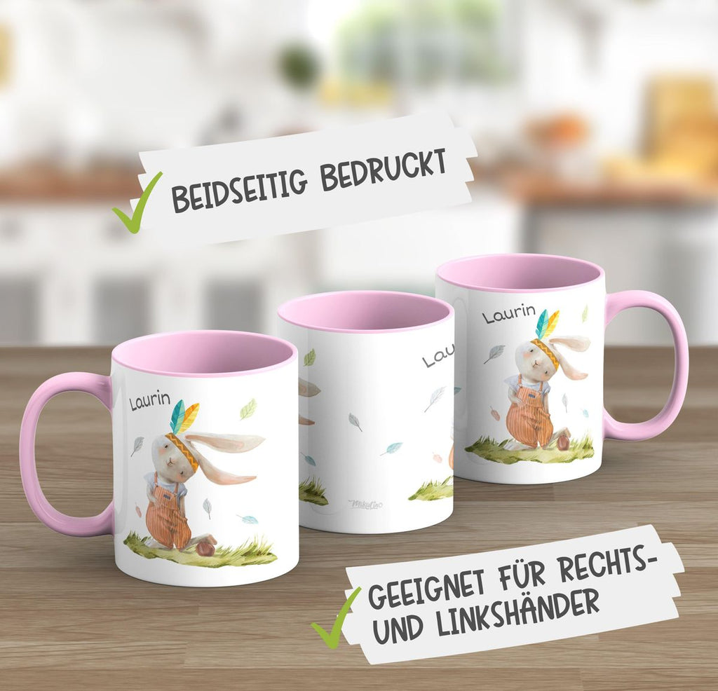 Keramik Tasse Niedlicher Hase in Latzhose Boho mit Wunschname - von Mikalino