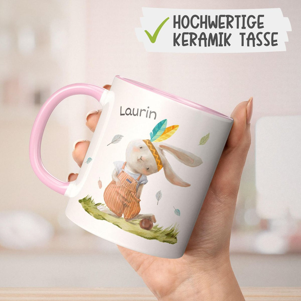 Keramik Tasse Niedlicher Hase in Latzhose Boho mit Wunschname - von Mikalino