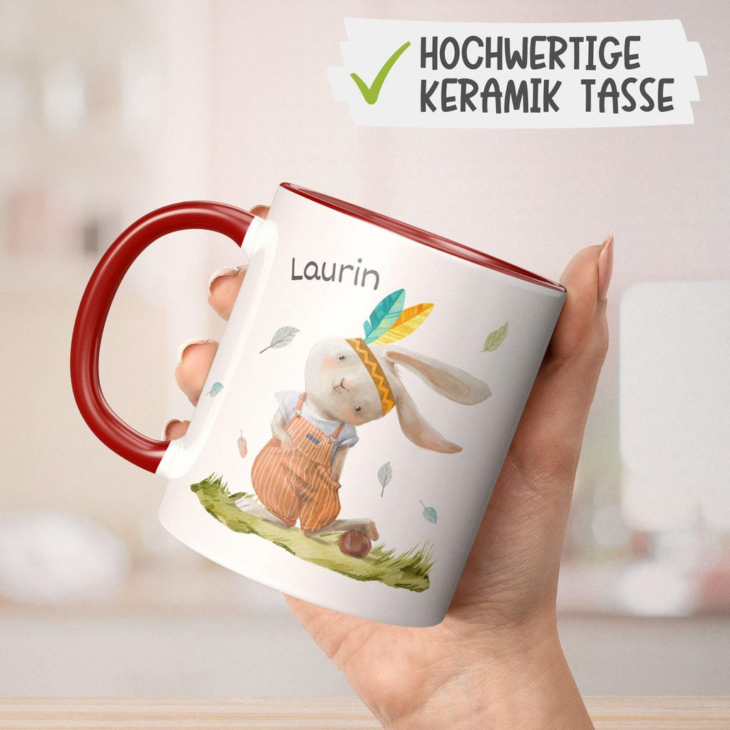 Keramik Tasse Niedlicher Hase in Latzhose Boho mit Wunschname - von Mikalino