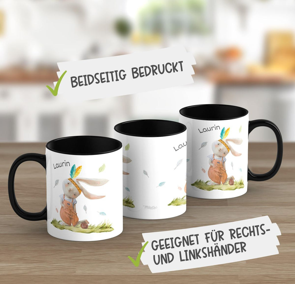 Keramik Tasse Niedlicher Hase in Latzhose Boho mit Wunschname - von Mikalino