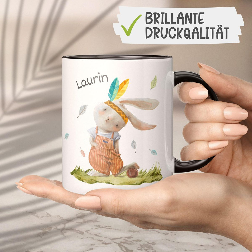 Keramik Tasse Niedlicher Hase in Latzhose Boho mit Wunschname - von Mikalino