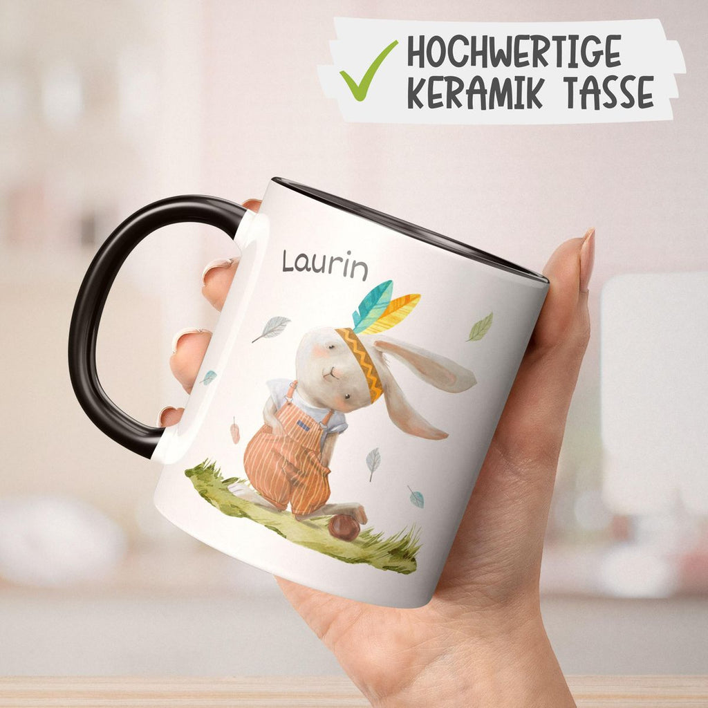 Keramik Tasse Niedlicher Hase in Latzhose Boho mit Wunschname - von Mikalino