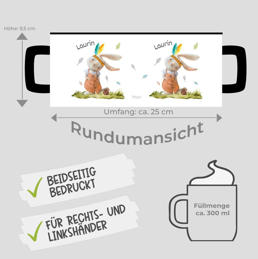 Keramik Tasse Niedlicher Hase in Latzhose Boho mit Wunschname - von Mikalino