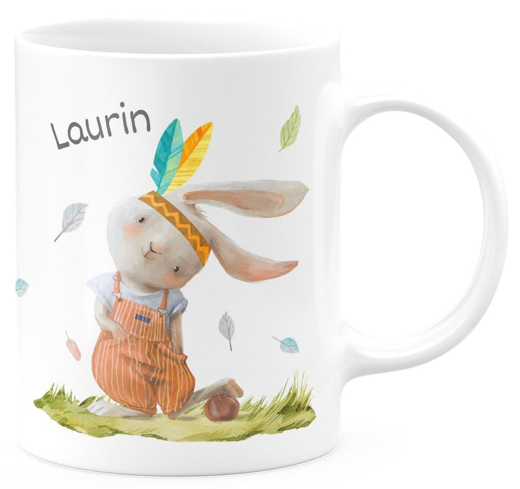 Keramik Tasse Niedlicher Hase in Latzhose Boho mit Wunschname - von Mikalino