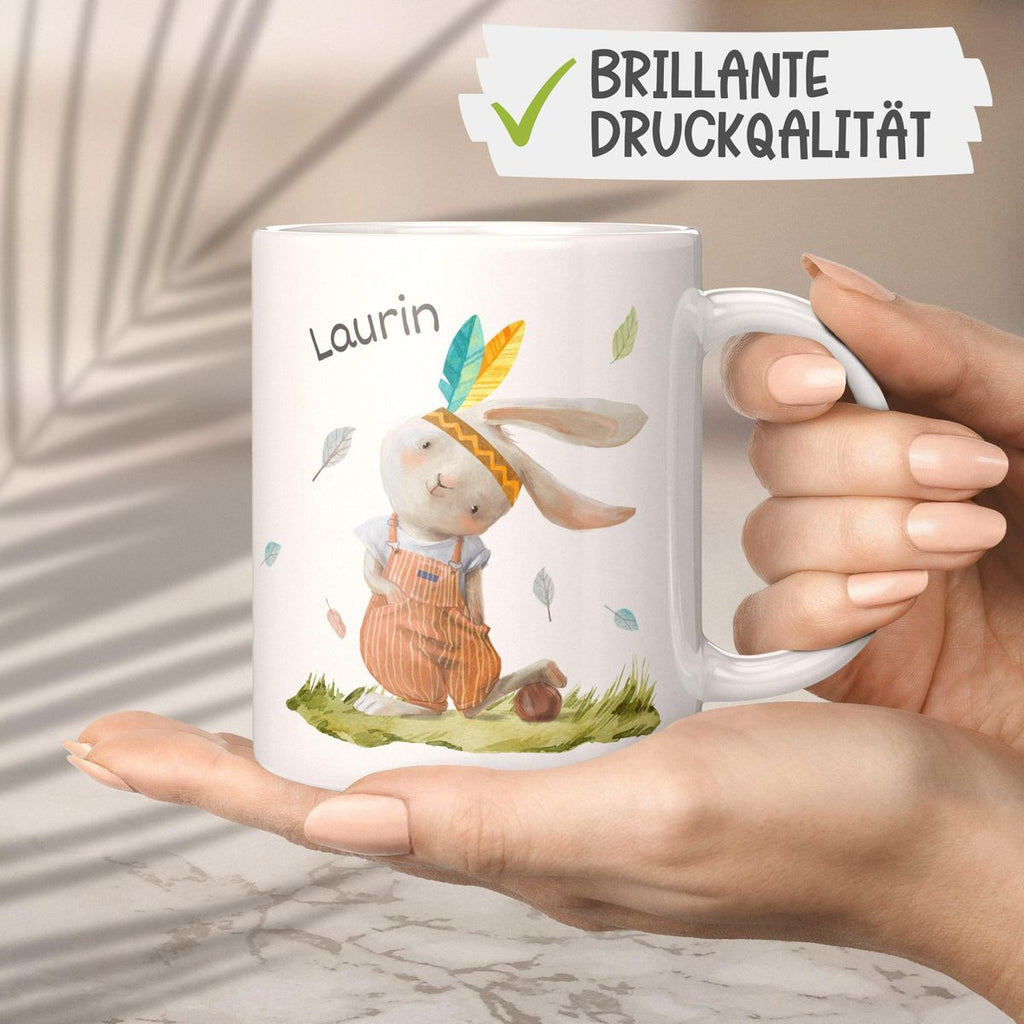 Keramik Tasse Niedlicher Hase in Latzhose Boho mit Wunschname - von Mikalino