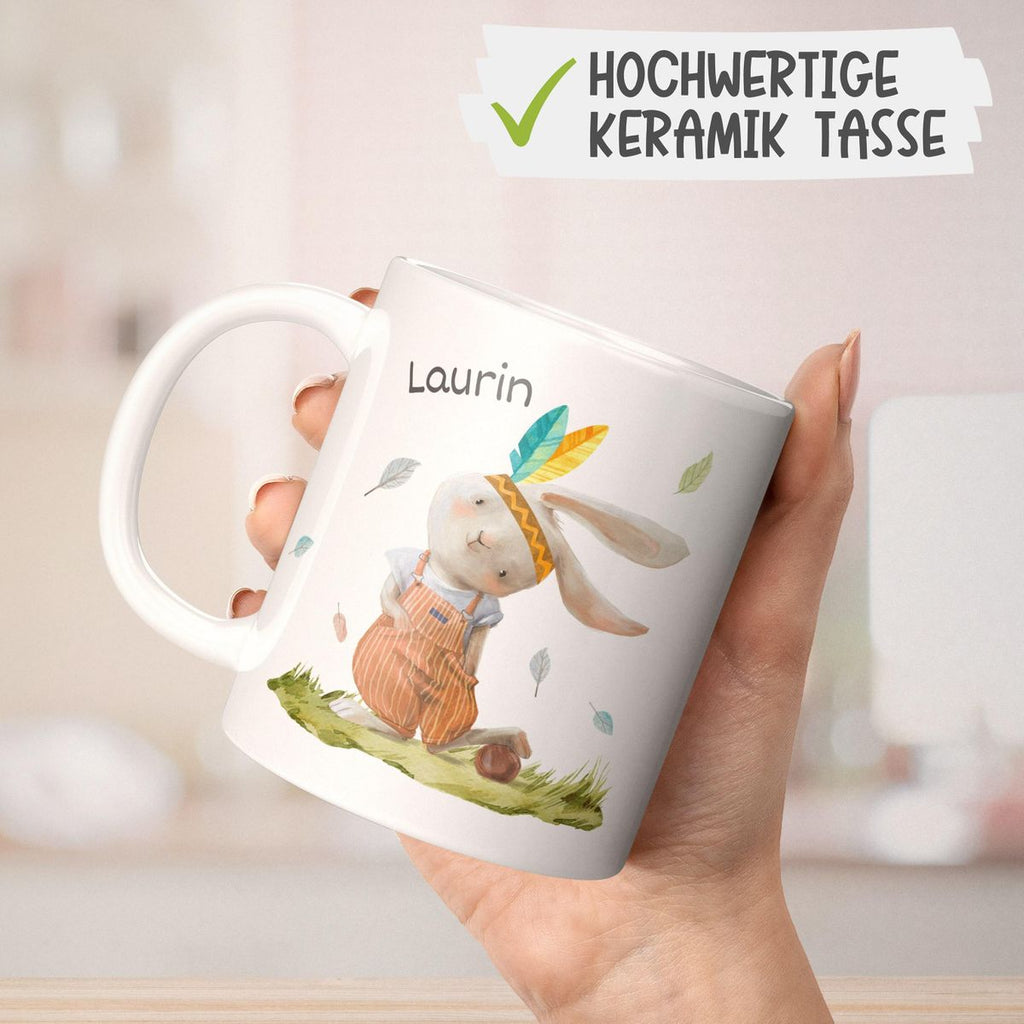 Keramik Tasse Niedlicher Hase in Latzhose Boho mit Wunschname - von Mikalino