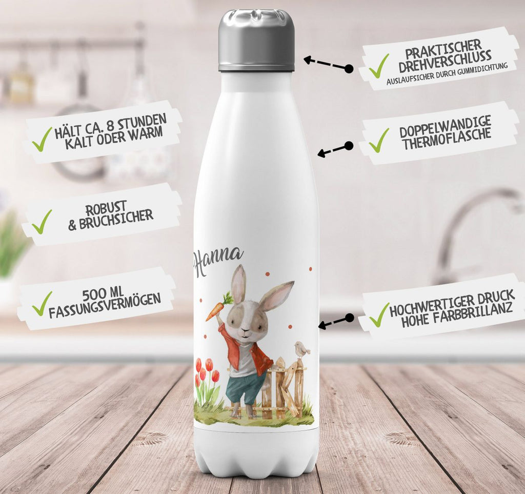 Thermo Trinkflasche Lachender Hase mit Wunschname - von Mikalino