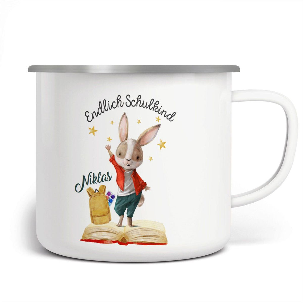 Emaille Tasse Schulkind Lachender Hase mit Wunschname - von Mikalino