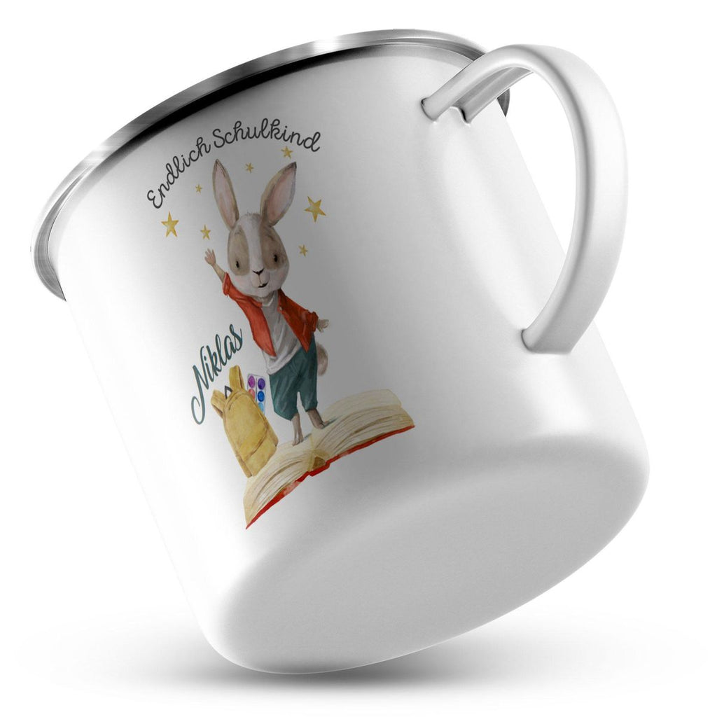 Emaille Tasse Schulkind Lachender Hase mit Wunschname - von Mikalino