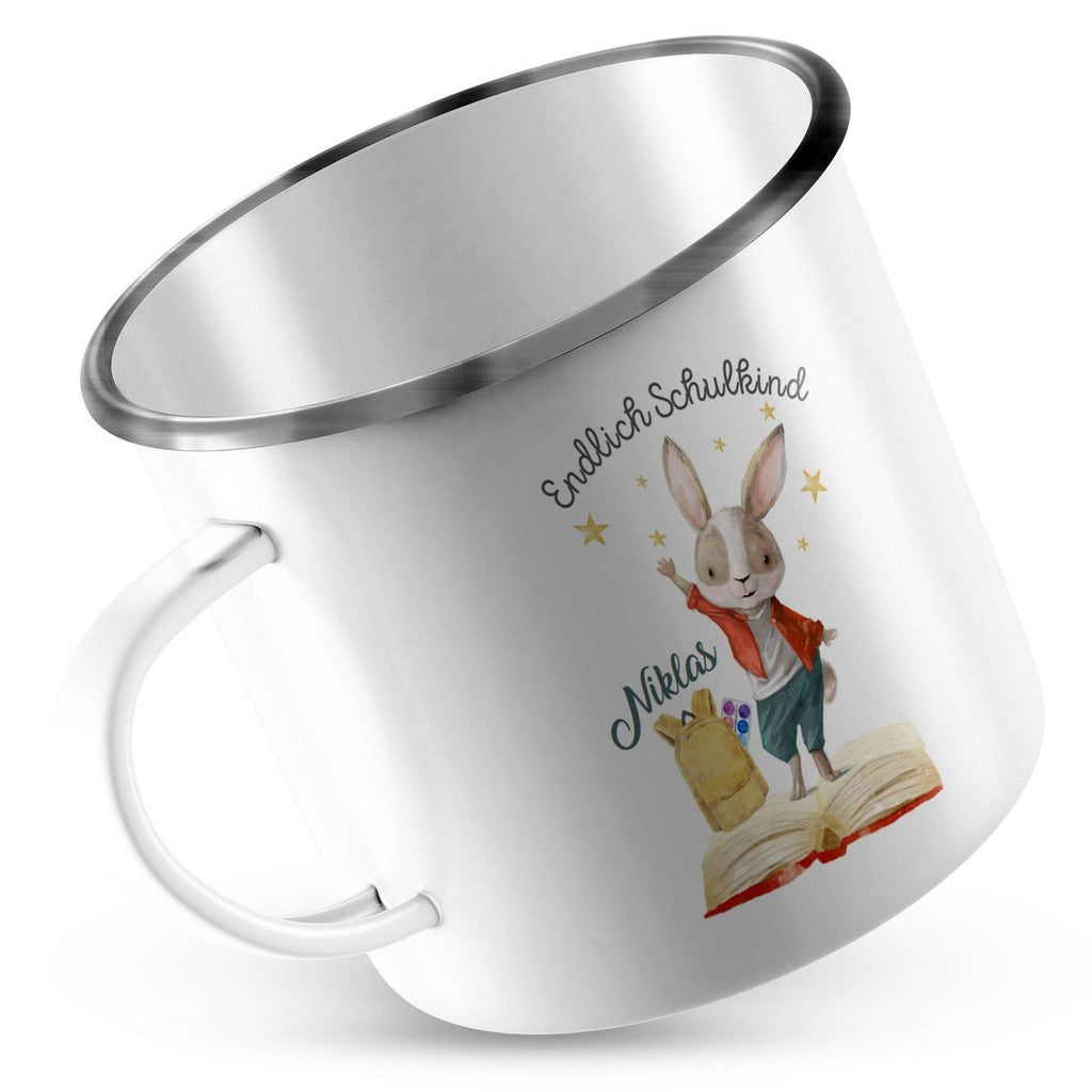 Emaille Tasse Schulkind Lachender Hase mit Wunschname - von Mikalino