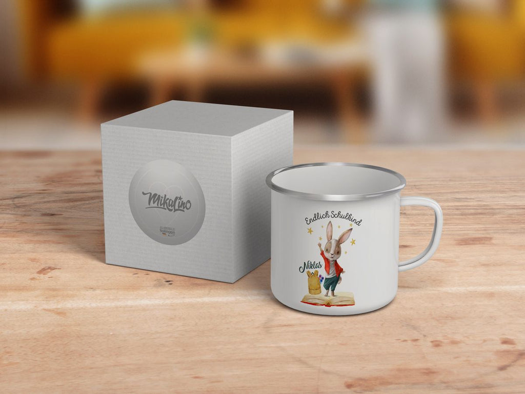 Emaille Tasse Schulkind Lachender Hase mit Wunschname - von Mikalino