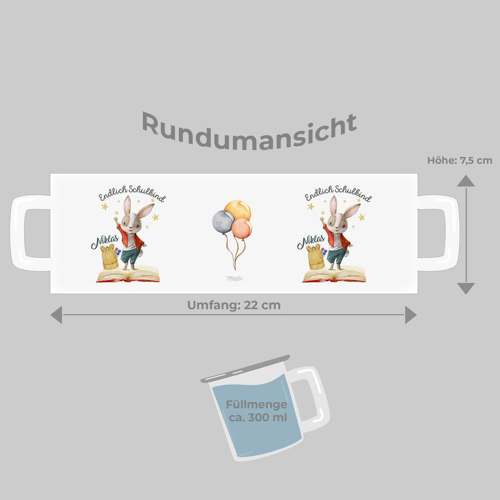 Emaille Tasse Schulkind Lachender Hase mit Wunschname - von Mikalino