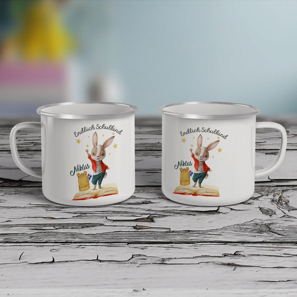 Emaille Tasse Schulkind Lachender Hase mit Wunschname - von Mikalino