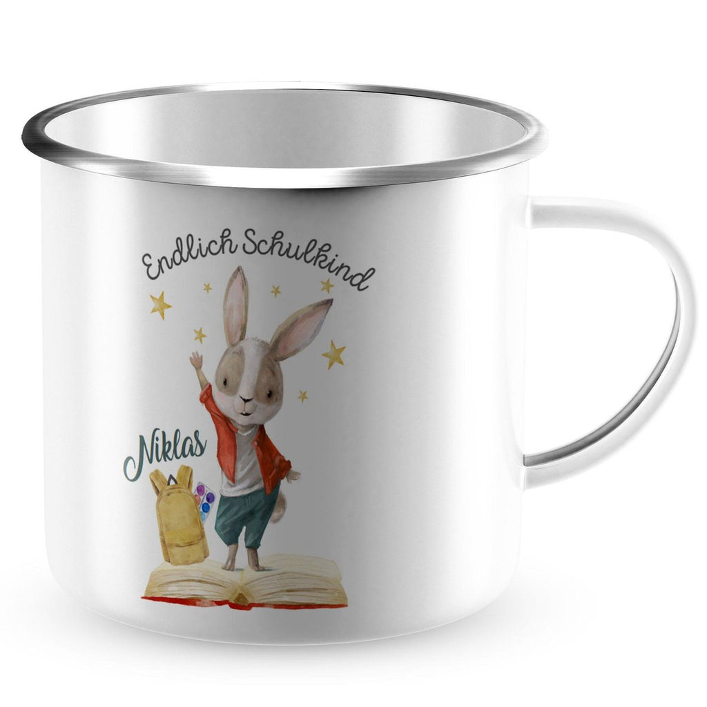 Emaille Tasse Schulkind Lachender Hase mit Wunschname - von Mikalino