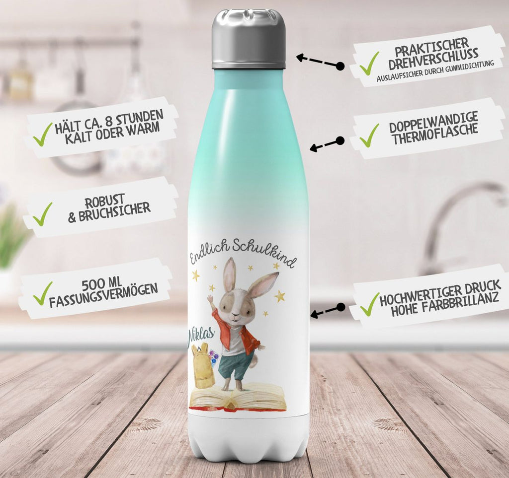 Thermo Trinkflasche Schulkind Lachender Hase mit Wunschname - von Mikalino