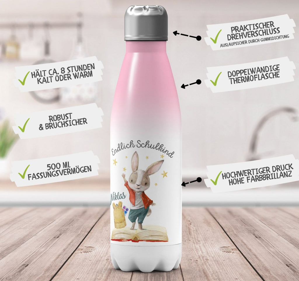 Thermo Trinkflasche Schulkind Lachender Hase mit Wunschname - von Mikalino