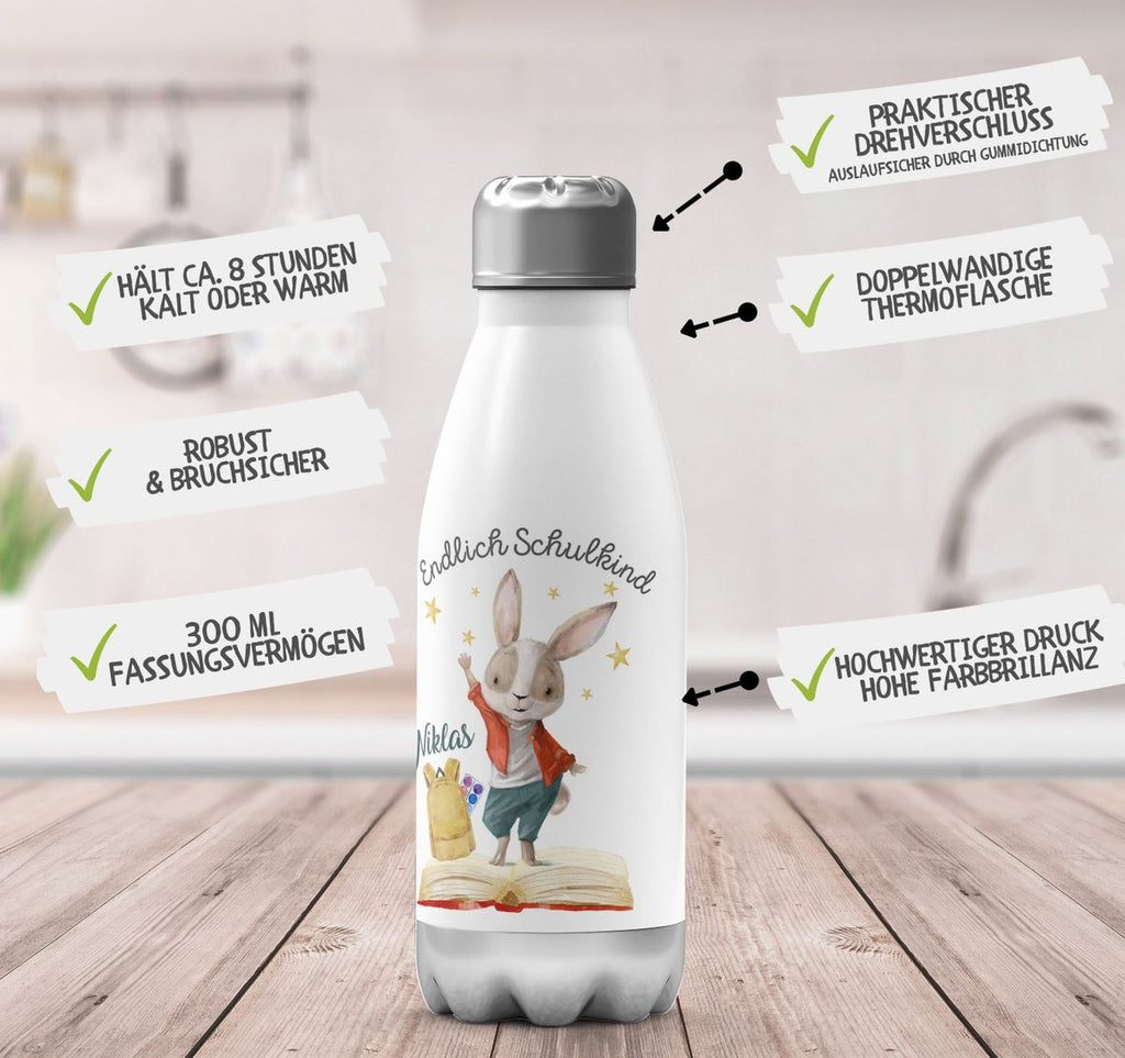 Thermo Trinkflasche Schulkind Lachender Hase mit Wunschname - von Mikalino