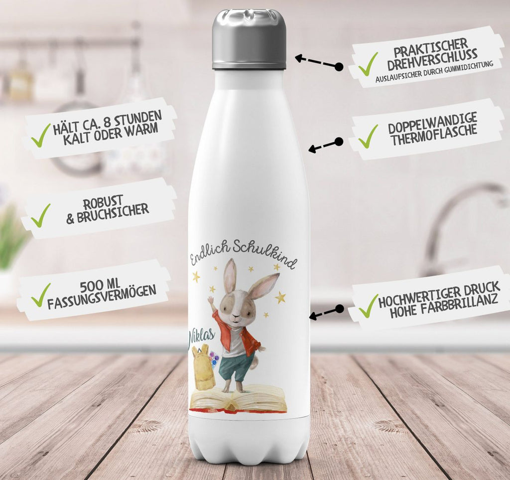 Thermo Trinkflasche Schulkind Lachender Hase mit Wunschname - von Mikalino