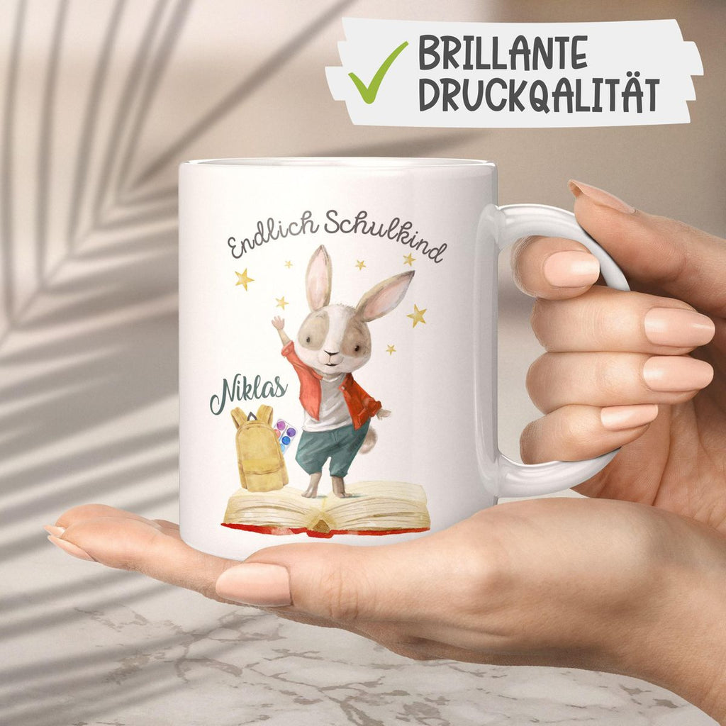 Keramik Tasse Schulkind Lachender Hase mit Wunschname - von Mikalino