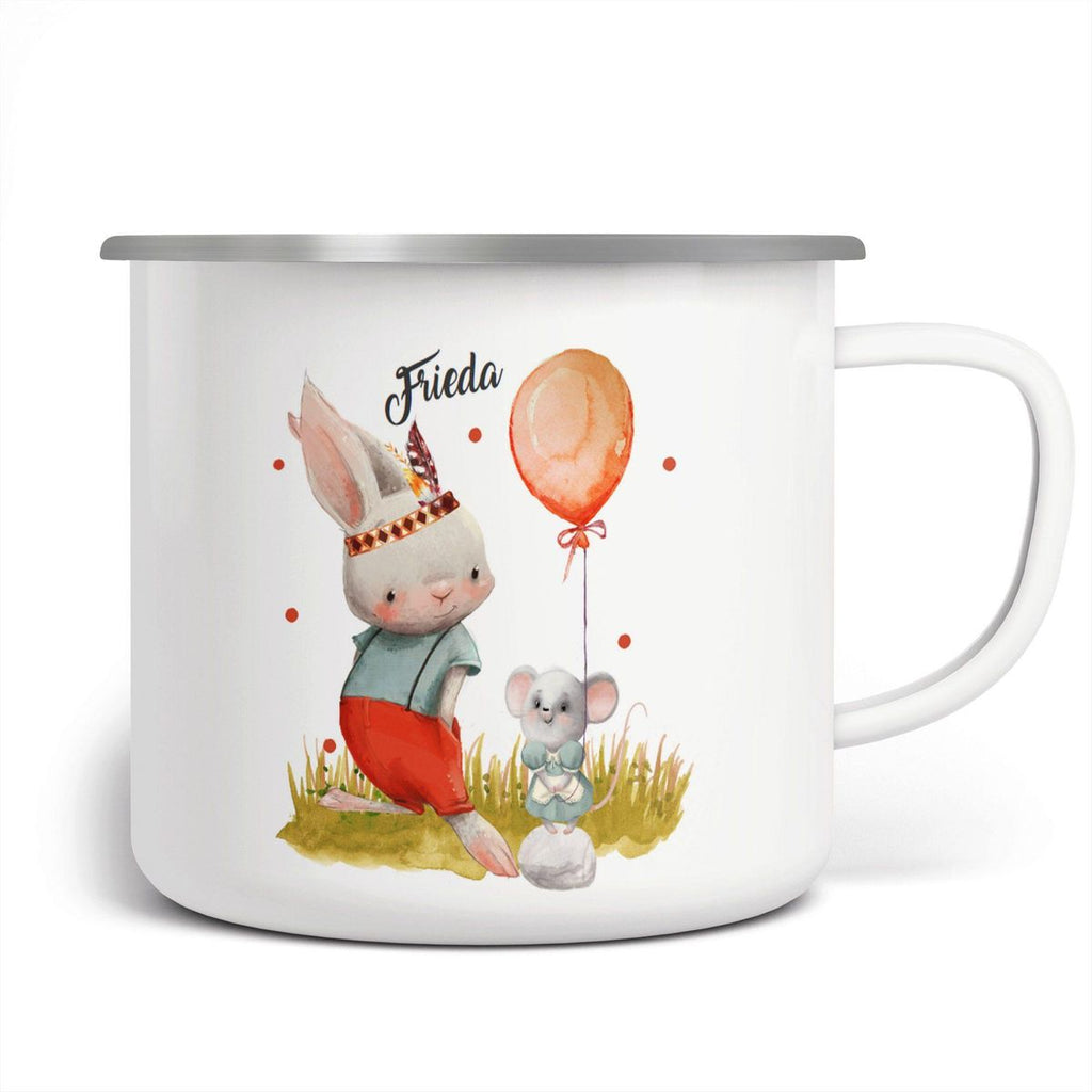 Emaille Tasse Süßer Hase und kleine Maus mit Wunschname - von Mikalino