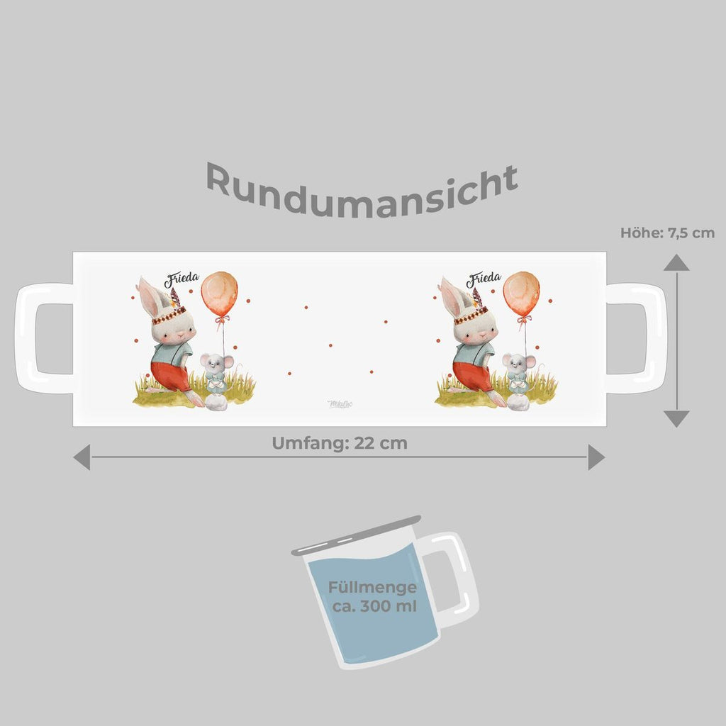 Emaille Tasse Süßer Hase und kleine Maus mit Wunschname - von Mikalino