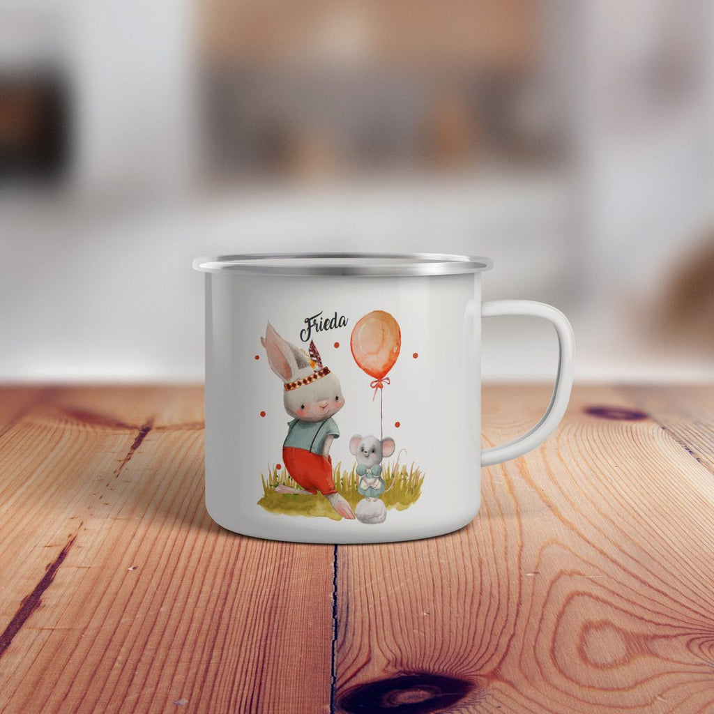 Emaille Tasse Süßer Hase und kleine Maus mit Wunschname - von Mikalino