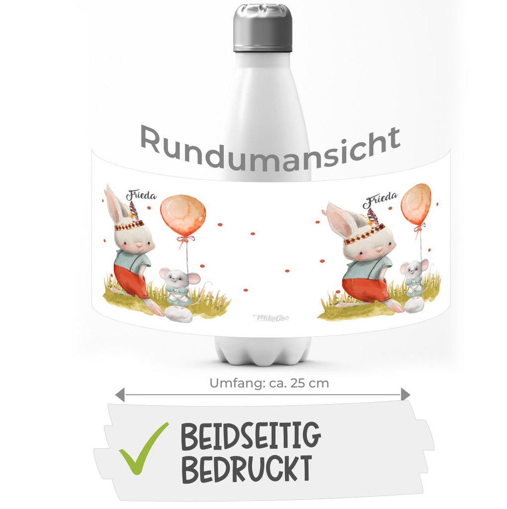 Thermo Trinkflasche Süßer Hase und kleine Maus mit Wunschname - von Mikalino