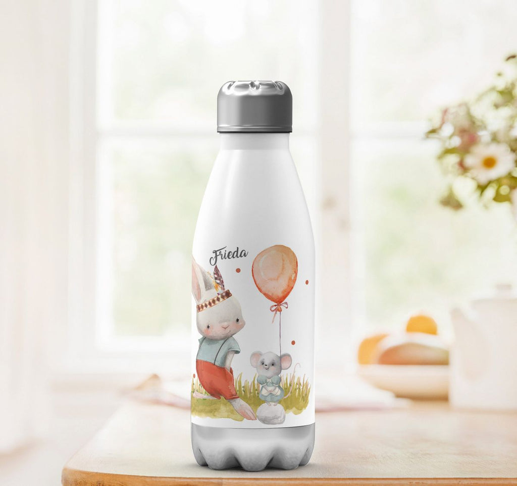 Thermo Trinkflasche Süßer Hase und kleine Maus mit Wunschname - von Mikalino