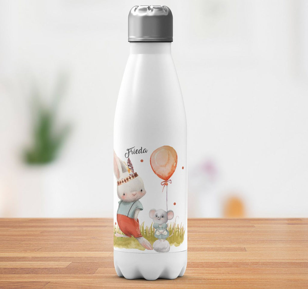 Thermo Trinkflasche Süßer Hase und kleine Maus mit Wunschname - von Mikalino