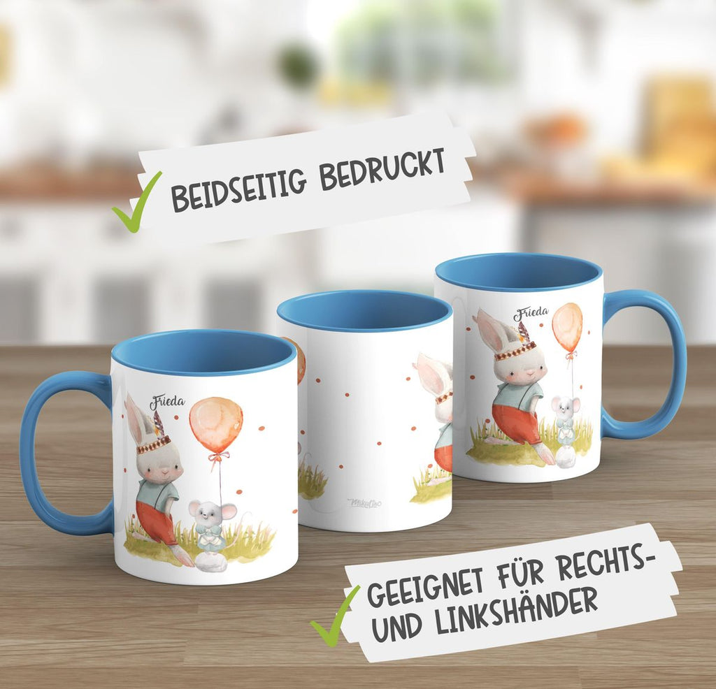 Keramik Tasse Süßer Hase und kleine Maus mit Wunschname - von Mikalino