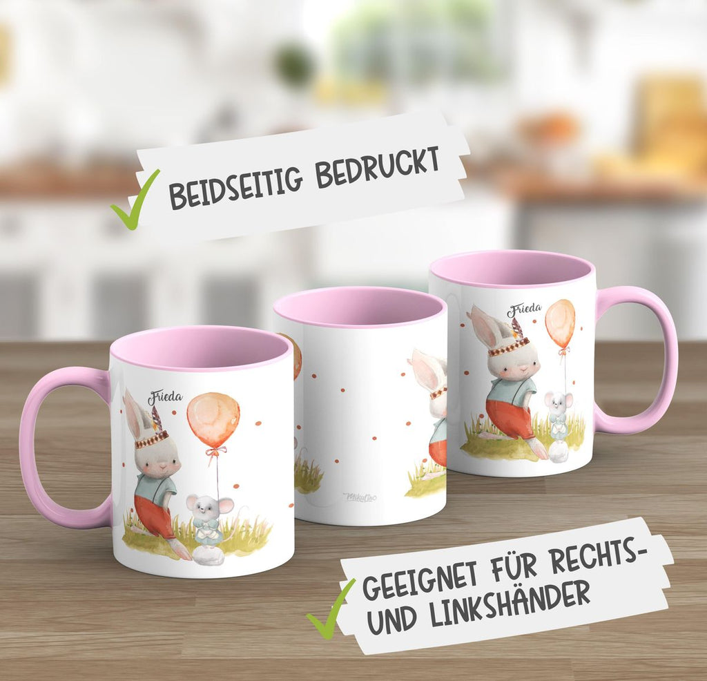 Keramik Tasse Süßer Hase und kleine Maus mit Wunschname - von Mikalino