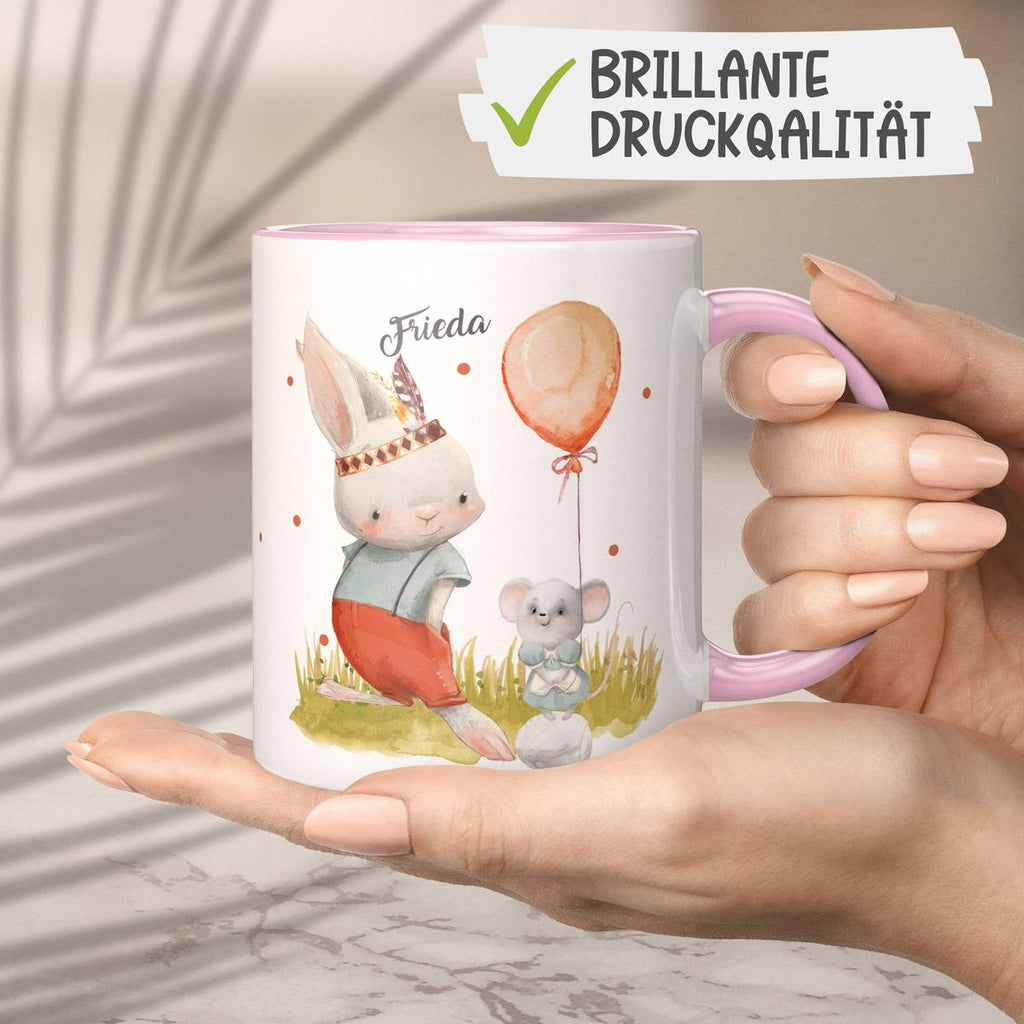 Keramik Tasse Süßer Hase und kleine Maus mit Wunschname - von Mikalino